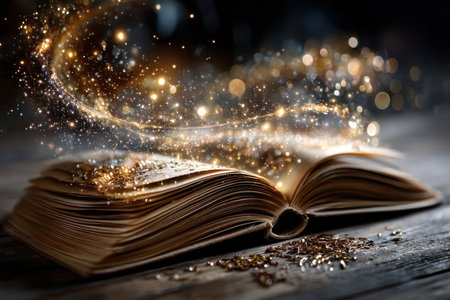 An open antique book emits a swirling stream of golden light particlesの写真素材