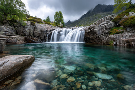 A waterfall cascades into a crystal clear pool surrounded by rocks and mountainsの写真素材