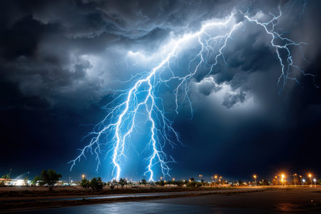 Lightning illuminates the night sky over a quiet areaの写真素材