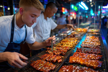 Two chefs grill various meat skewers at a bustling night marketの写真素材