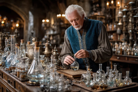 An elderly alchemist mixes ingredients in a historic laboratory full of glass vials and potions.の写真素材
