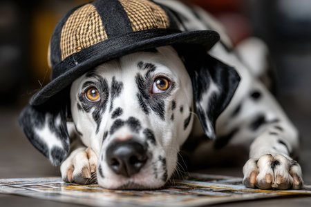 A playful Dalmatian dog rests on the floor, sporting a stylish hat while enjoying the indoors.の写真素材