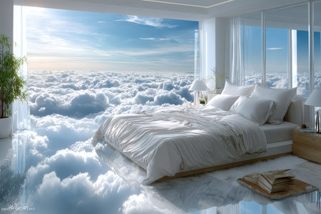 Cozy bedroom features a breathtaking view of clouds, creating a serene and peaceful ambiance for relaxation.の写真素材