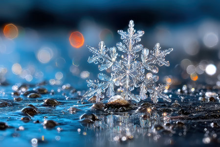 A unique snowflake showcases intricate patterns while resting on a glistening surface with water droplets.の写真素材