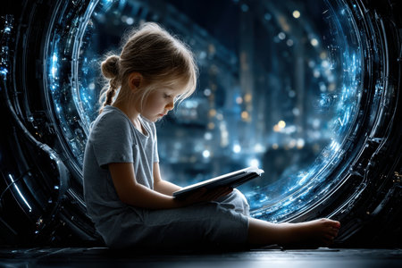 A young girl sits quietly, engrossed in reading a book amidst a futuristic, illuminated environment.の写真素材