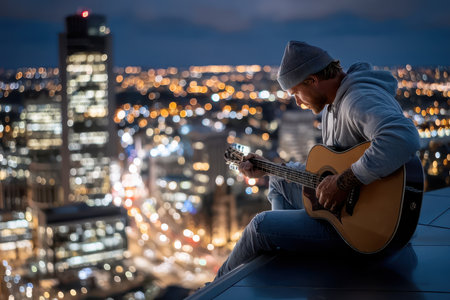 A musician sits on a rooftop, strumming his acoustic guitar against a backdrop of city lights.の写真素材