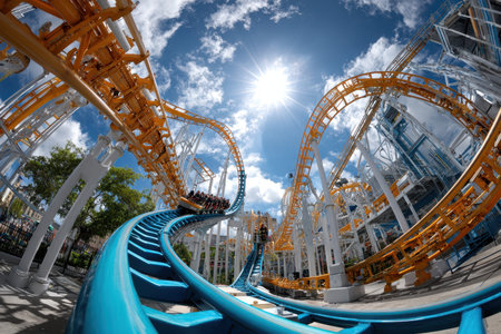 Rollercoaster climbs a steep incline against a clear blue skyの写真素材
