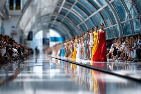 Fashion models walk the runway at a fashion show in a modern venueの写真素材