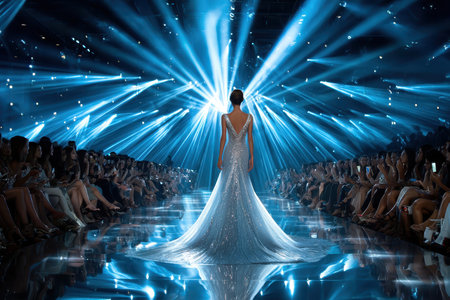 A model walks a runway in a sparkly dress during a fashion showの写真素材