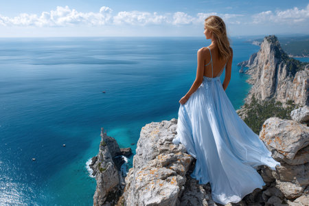 A woman stands atop a rocky cliff, wearing a flowing blue dress, admiring the stunning ocean view on a sunny day.の写真素材