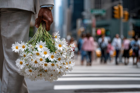 A man walks through a busy urban area, carrying a vibrant bouquet of daisies as pedestrians surround him.の写真素材