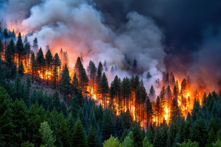 Forest fire burning intensely on a hillside at duskの写真素材