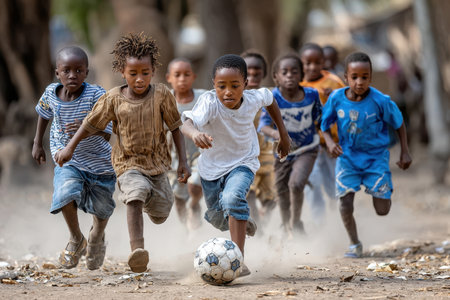 A group of children playing soccer in a dusty African village, under harsh sunlight, captured with a telephoto lens, showing the universality of sport, ultrarealistic photo --ar 3:2 --raw --profile nk3i4wf --stylize 250 --v 7 Job ID: e24cb520-7df0-49b1-9750-a6fc367e4450の写真素材