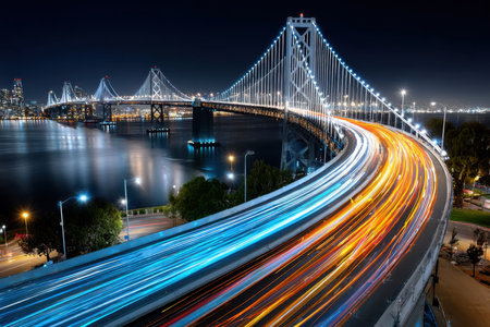 Light trails from traffic streak across a bridge at nightの写真素材