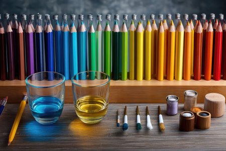 A neatly arranged display of colored pencils alongside jars and brushes invites artistic inspiration in the workspace.の写真素材