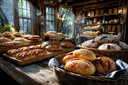 Freshly baked bread displayed on wooden tables and in wicker baskets in a rustic bakeryの写真素材