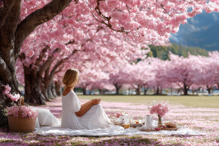 A woman relaxes in a beautiful park filled with cherry blossom trees, enjoying a picnic on a spring day.の写真素材