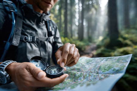 Hiker studying a map and using a compass while navigating through a tranquil forest during daylight.の写真素材
