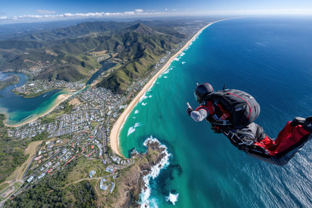 A skydiver gracefully descends above a stunning coastal view showcasing beaches and mountains in Australia.の写真素材