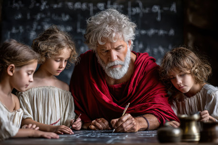 An elderly scholar shares knowledge with three attentive children in a rustic classroom setting.の写真素材