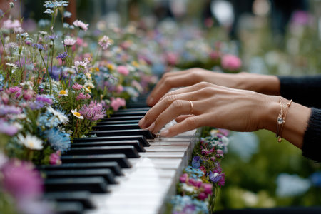Delicate hands skillfully play a piano adorned with a beautiful array of flowers outdoors.の写真素材