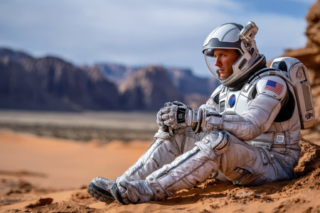 An astronaut sits on the sandy ground, contemplating the vast, rocky landscape under a clear sky in a remote desert.の写真素材