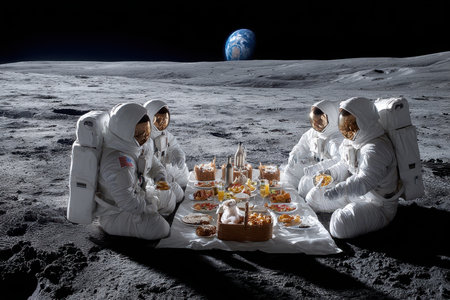Six astronauts gather on the moon for a picnic, sharing food on a white blanket with Earth above them.の写真素材