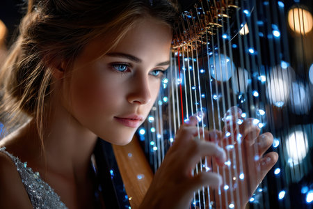 A talented young woman focuses on playing her harp, surrounded by soft glowing lights in a dark environment.の写真素材