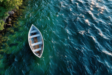 An empty rowboat floats on blue water near a rocky, treelined shoreの写真素材