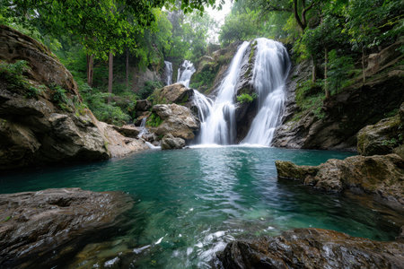 A waterfall cascades into a clear, turquoise pool surrounded by lush greenery and rocksの写真素材