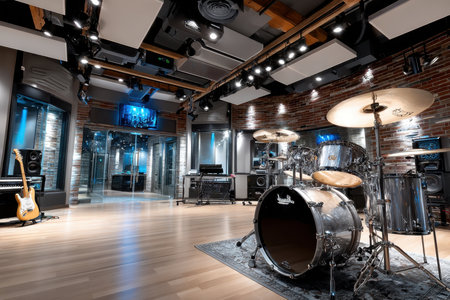 A modern recording studio equipped with instruments and sound engineering technologyの写真素材