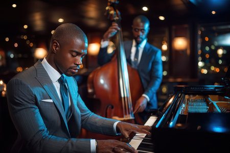 Two well-dressed musicians play jazz on a grand piano and a double bassの写真素材