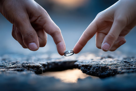 Two hands reach towards a ring, symbolizing love and commitment in a beautiful outdoor setting at dusk.の写真素材