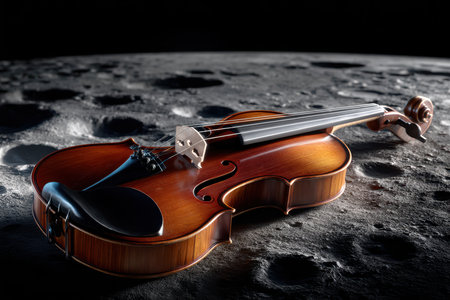 A beautifully crafted violin rests on the moon's surface, illuminated by dramatic lighting amidst craters.の写真素材