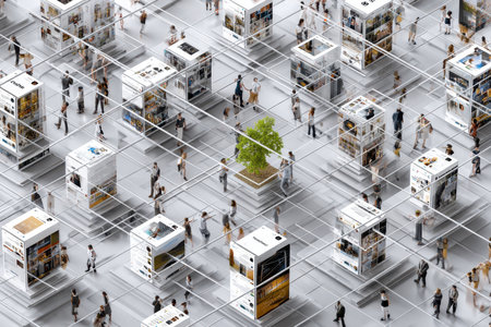 Visitors explore a vibrant digital art exhibition featuring numerous artworks displayed in a futuristic setting.の写真素材