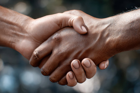 Two people shake hands firmly in a friendly gesture, signaling agreement or collaboration under warm sunlight.の写真素材