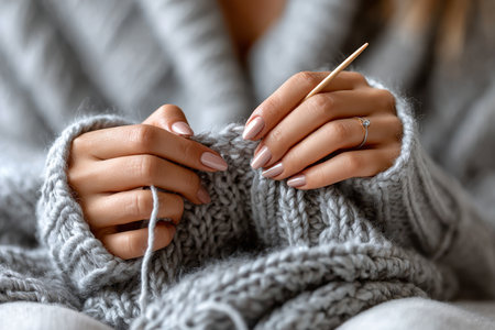 A person skillfully knits a gray sweater while wrapped in a soft, warm atmosphere during cold weather.の写真素材