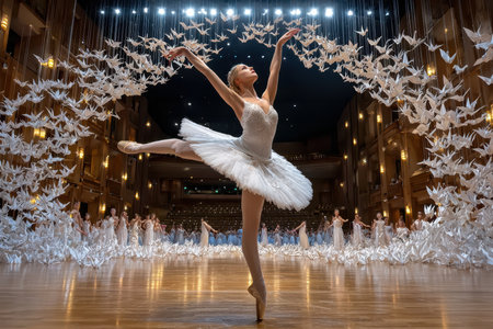 A dancer in a tutu demonstrates perfect form on stage amidst a display of white paper cranes hanging above.の写真素材