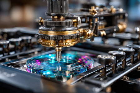 Intricate machine delicately engraves patterns on a glass disc with colorful reflections in a workshop.の写真素材