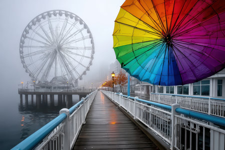 A vibrant rainbow umbrella contrasts against a foggy waterfront pier and a large Ferris wheel nearby.の写真素材
