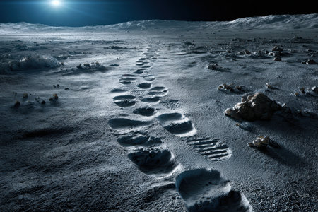 Footprints lead across the moon's surface, surrounded by a stark, desolate landscape illuminated by moonlight.の写真素材