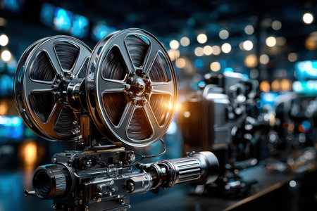 Film reels are positioned on a classic projector in a film studio filled with vibrant equipment.の写真素材