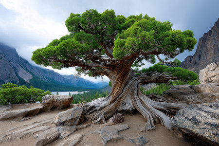 A magnificent tree with vibrant green foliage rises from rocky terrain, framed by towering mountains and a cloudy sky.の写真素材