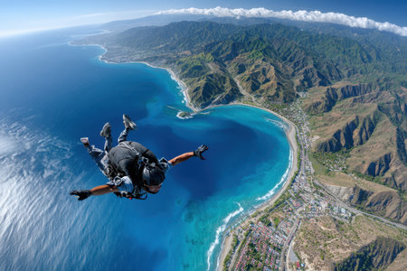 A skydiver freefalls above a stunning coastline, showcasing the ocean and mountains during bright daylight.の写真素材