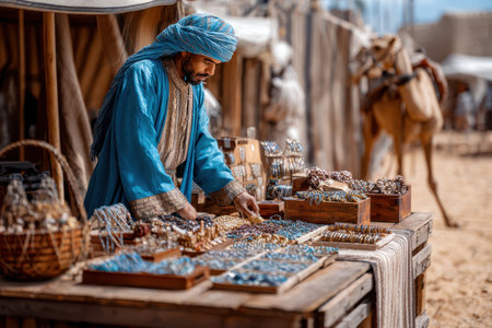 Vendor carefully sorts vibrant beads and trinkets on wooden tables in a bustling desert market.の写真素材