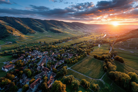 Aerial view of a small village nestled among vineyards at sunsetの写真素材