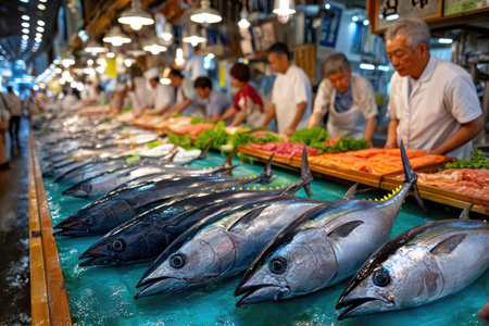 A vibrant shot of a bustling fish market, capturing the chaos, under fluorescent lights, taken with a 35mm lens, as a large tuna is auctioned, ultrarealistic photo --ar 3:2 --raw --profile nk3i4wf --stylize 250 --v 7 Job ID: d0eb0061-c1ac-4c70-8630-c4dfea22c0dcの素材