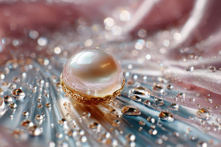 A large pearl rests on silky, rippled fabric adorned with water dropletsの写真素材