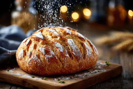 A rustic loaf of artisan bread on a farmhouse kitchen table, under warm, natural lighting, shot with a 35mm lens, with a sudden puff of flour dusting the sceneの写真素材