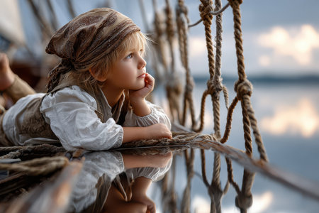 A child dressed as a sailor gazes thoughtfully over a calm sea, lost in dreams of exploration during sunset.の写真素材